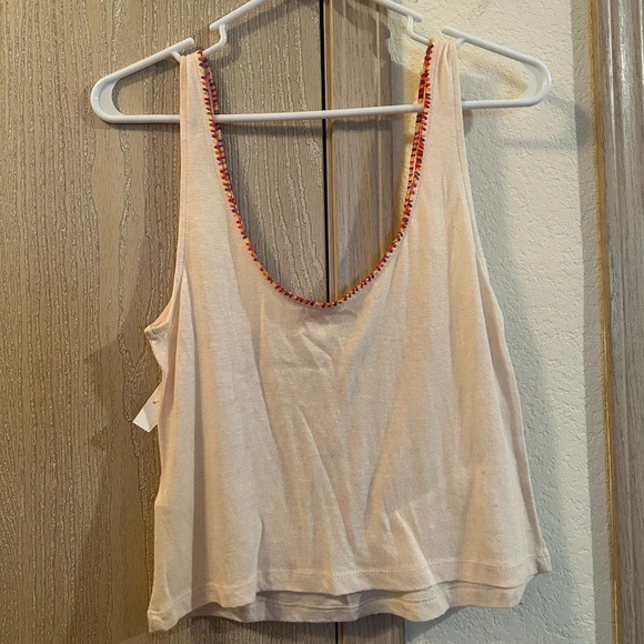 NEW Free People Intimately Cream Red Embroidered Lightweight Tank Top 2 Sz XS - Picture 2 of 5